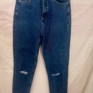 Boohoo Dark Blue High Rise Women's Jeans with Knee Rips